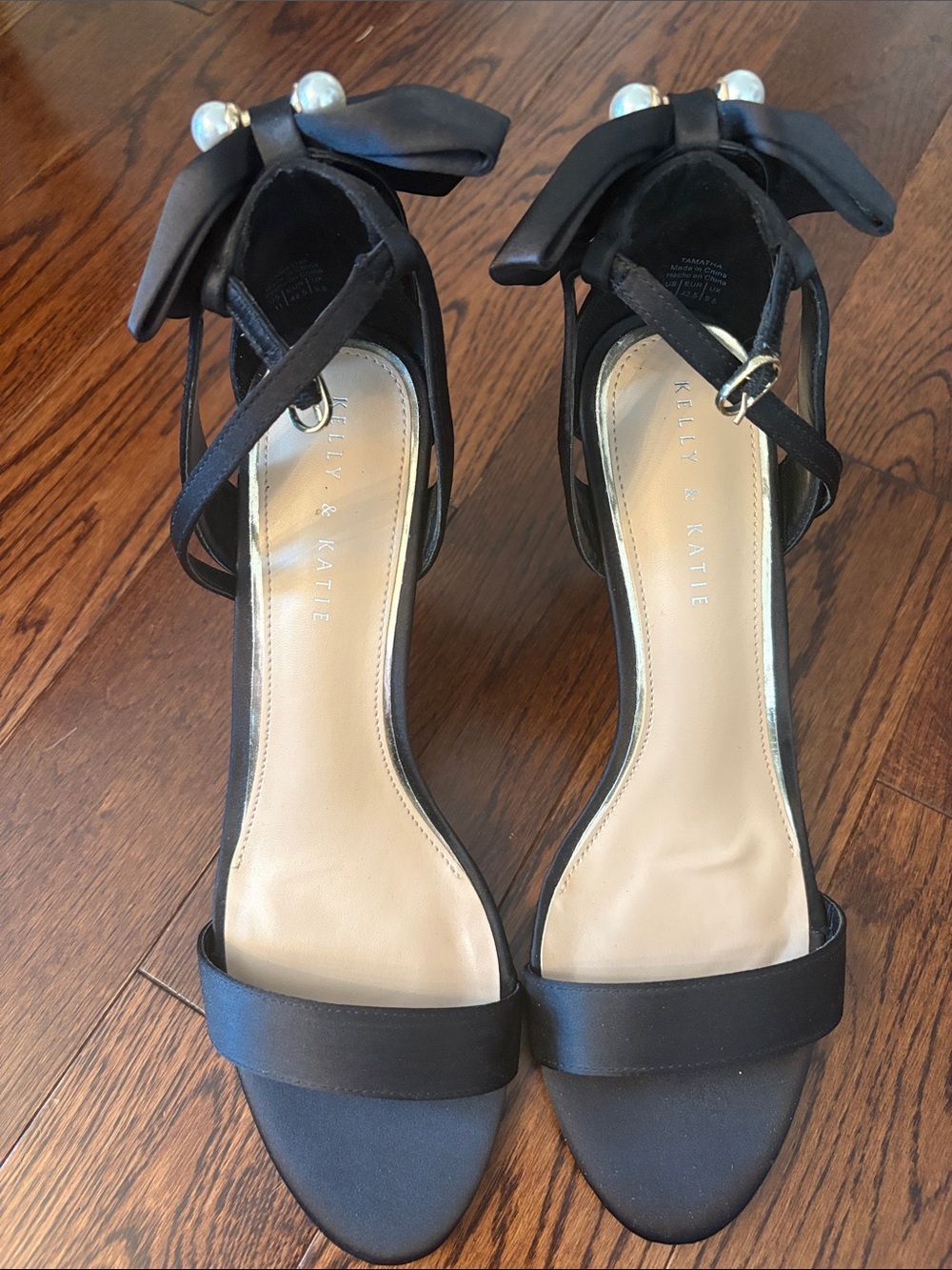 Kelly & Katie Black Satin Pearl Bow Ankle-Heel Sandals